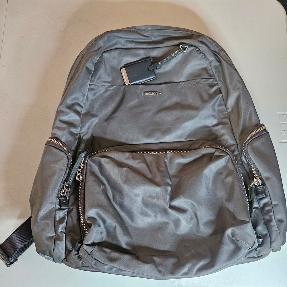 Tumi Voyageur Grey Nylon Laptop Backpack Silver Hardware Travel Bag
